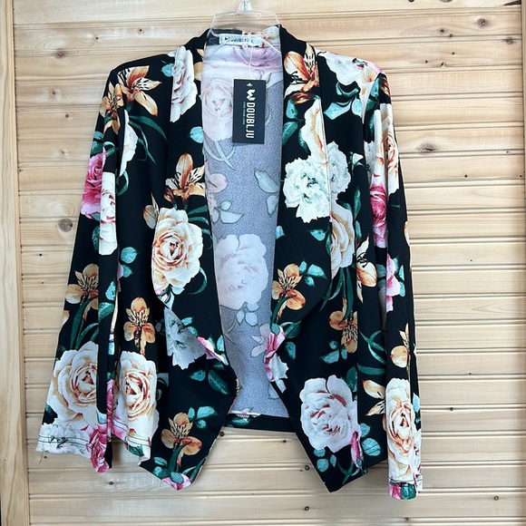 Doubl JU Draped Open Front Blazer Jacket NWT Size Large Black and Floral - Picture 2 of 8